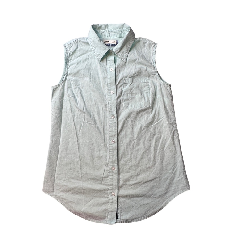 Magellan Shirt Womens M Mint Green Happy Camper Sleeveless Button Down Outdoor